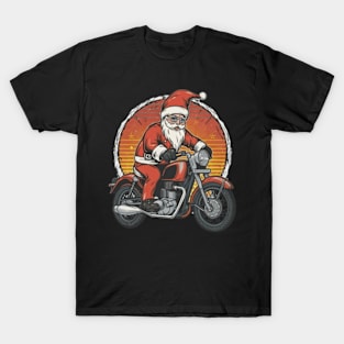 Santa Claus on a vintage motorcycle,target team member, dart lover, bullseye, bullseye shop, target team member new, christmas  for kids, red, target employee, retail, employees, dartboard, fulfillment, funny dog, cute puppy T-Shirt